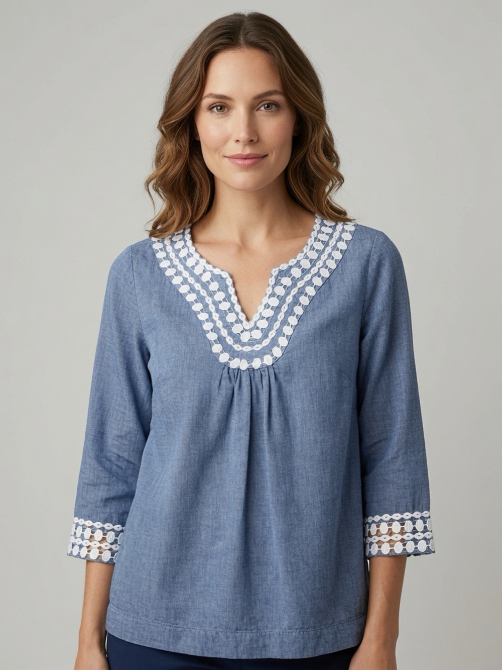Boden Chambray Blue V-Neck Tunic with White Trim
